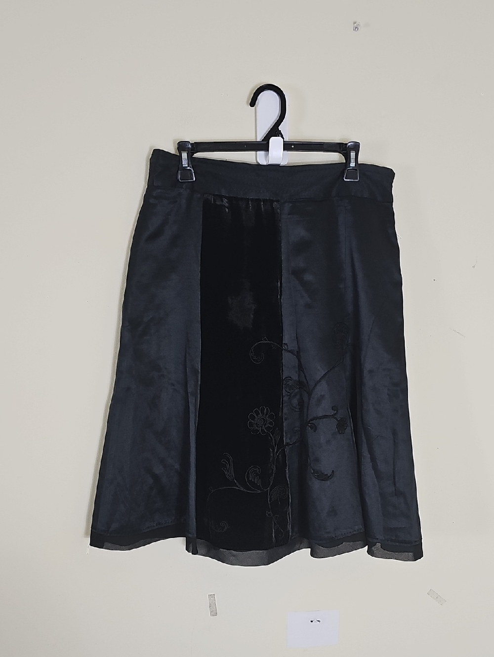 Elegant Black A-Line Skirt with Velvet Floral Panel
